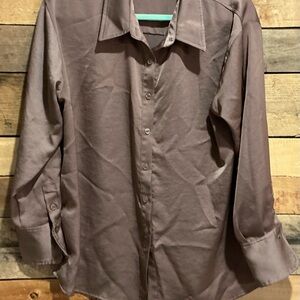A New Day Brown Button Down Shirt Size L Satin Tunic‎ Blouse Neutral Quiet Luxe